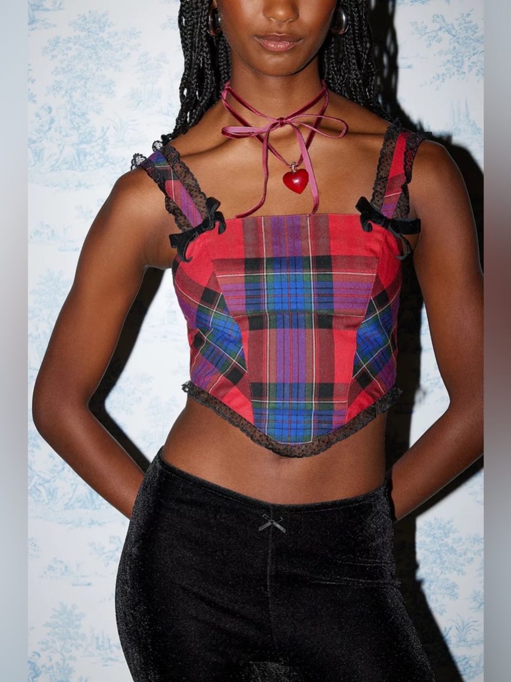 Kimchi Blue Red Plaid Corset Crop Top with Lace Trim Punk Grunge Twee Vibes